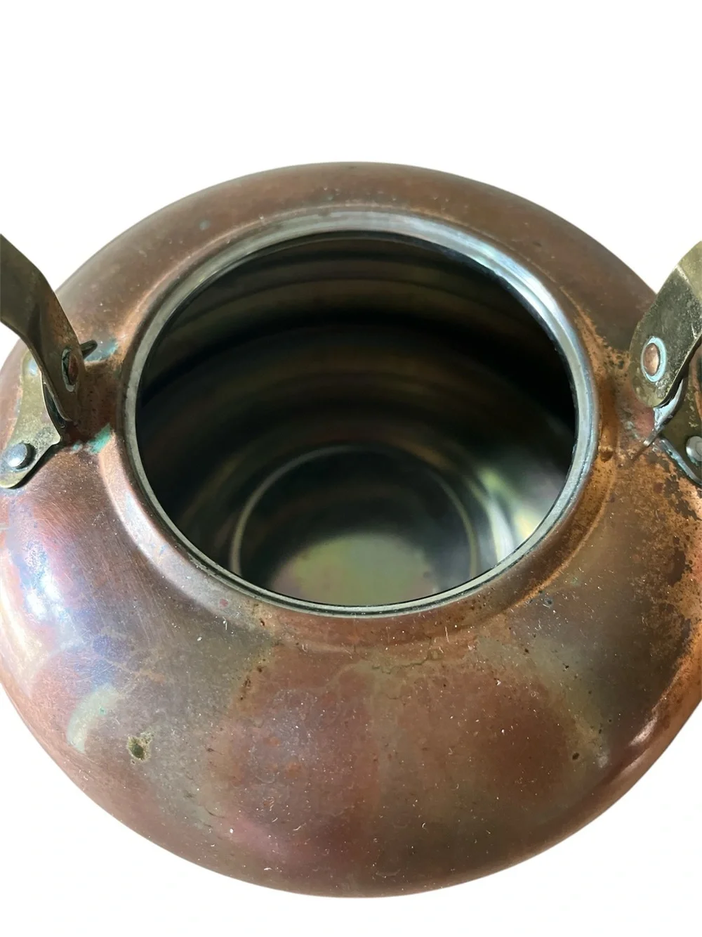 Vintage Korean Copper Tea Kettle Blue White Ceramic Handle Brass Farmhouse Decor